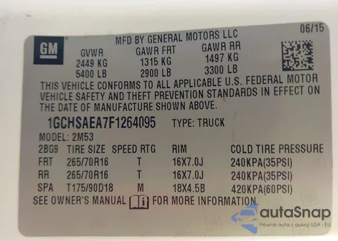 2015 Chevrolet Colorado Wt from USA, damaged, VIN 1GCHSAEA7F1264095